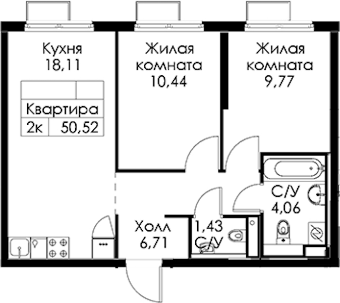 2-комнатная квартира 50.52 м², 8/24 эт., ЖК «Заречный парк»
